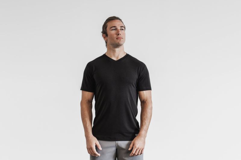 Black Men's Nobull V-Neck T-Shirts | KWDJLQ-513