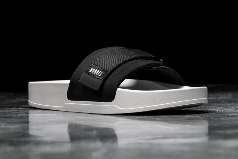 Black White Men's Nobull Adjustable Slides | WJRLNQ-239