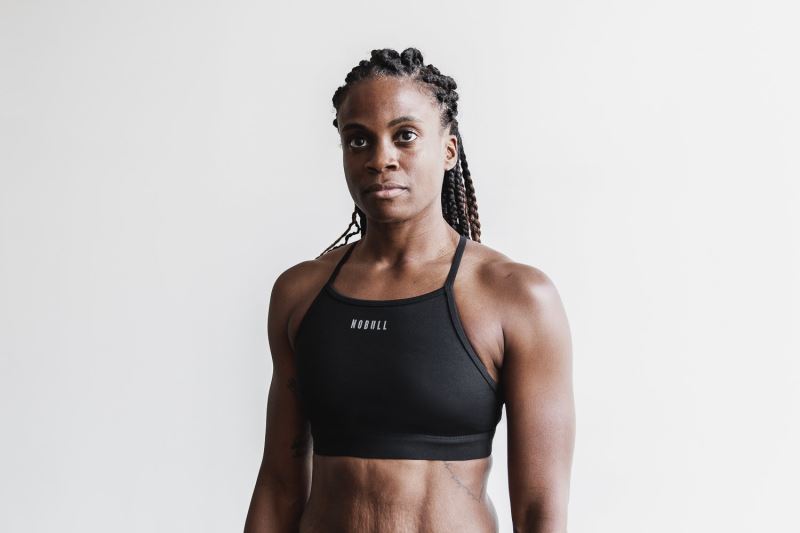 Black Women's Nobull High-Neck Plush Heather Sports Bras | KPVMTY-401