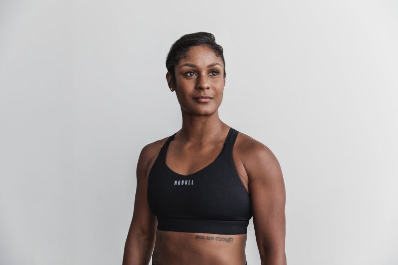 Black Women's Nobull Pace Plush Heather Sports Bras | PTQBKC-746