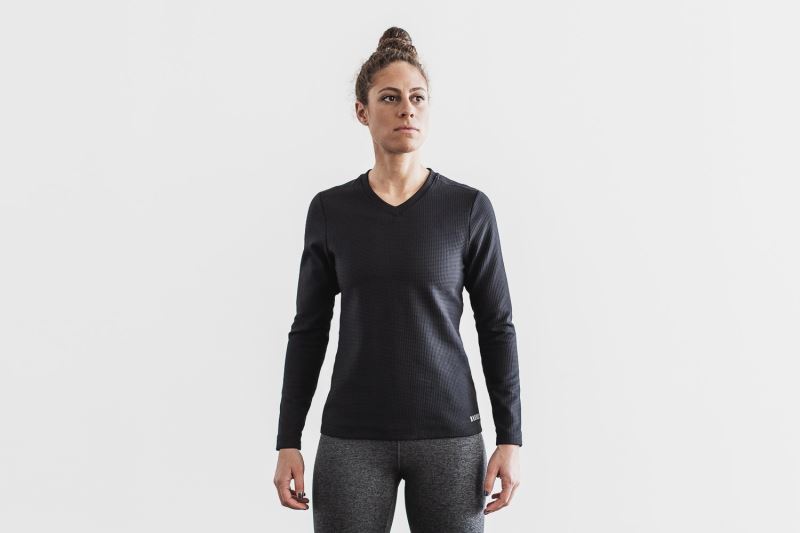 Black Women's Nobull V-Neck Long Sleeve Waffle Sweatshirt | IWLUSY-379