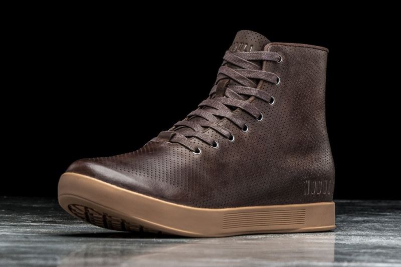 Brown Men's Nobull High-Top Leather Trainers | MDQZOK-890