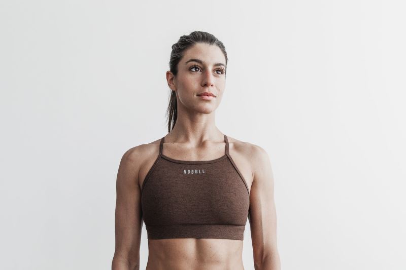 Brown Women's Nobull High-Neck Plush Heather Sports Bras | COYSKZ-071