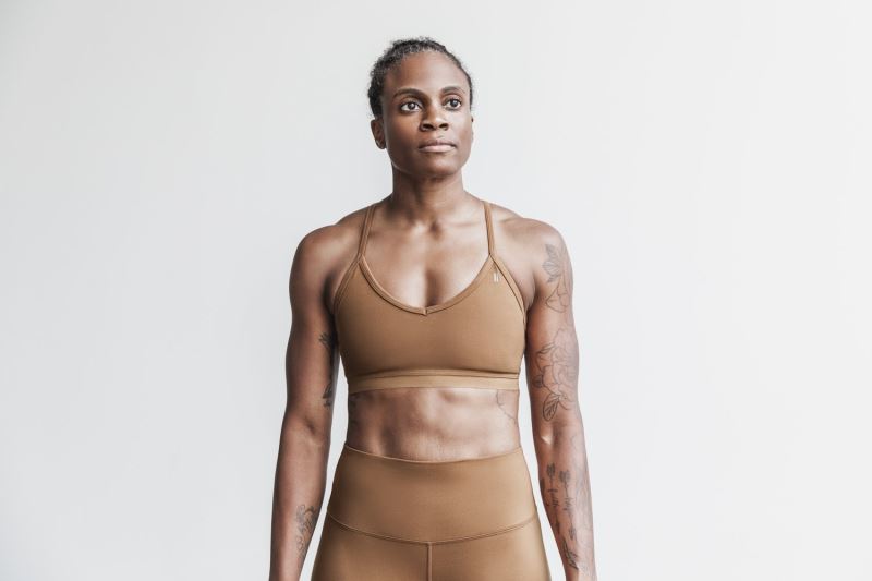 Brown Women's Nobull V-Neck Matte Sports Bras | NGPURL-450