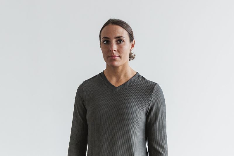 Dark Grey Women's Nobull V-Neck Long Sleeve Waffle Sweatshirt | DHWGEN-081