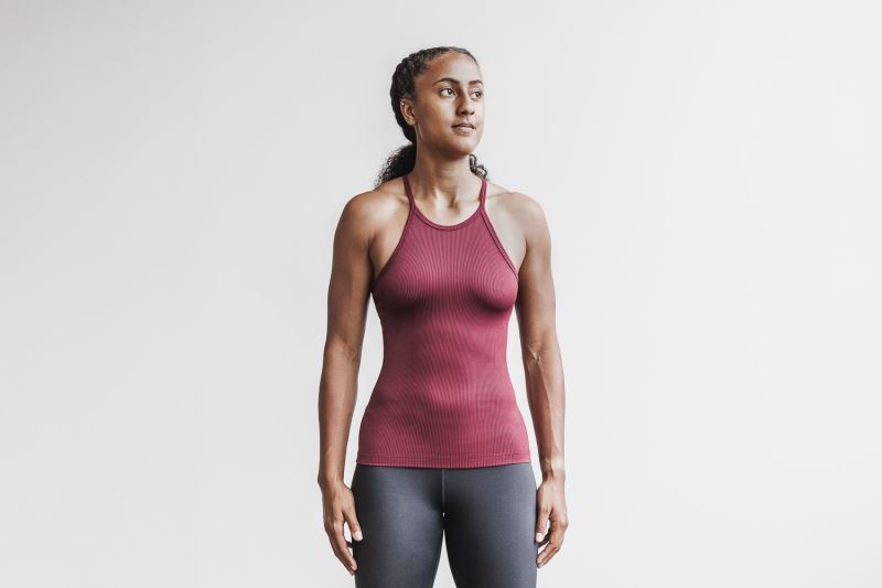 Dark Red Women's Nobull Halter Ribbed Tanks | JRTGMQ-618