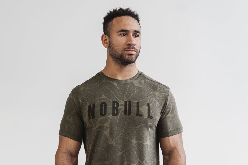 Green Men's Nobull Hibiscus T-Shirts | ZTYNVG-690