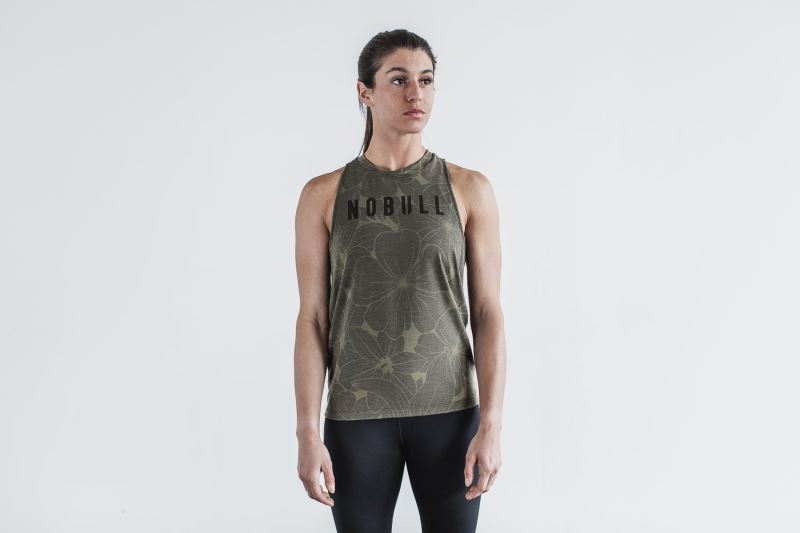 Green Women's Nobull High-Neck Hibiscus Tanks | WEXGIH-105