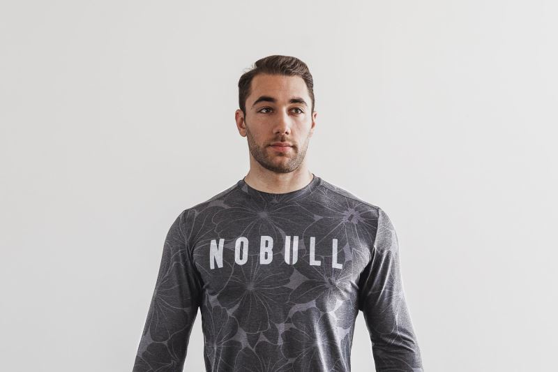 Grey Men's Nobull Long Sleeve Hibiscus T-Shirts | QWUGXH-371