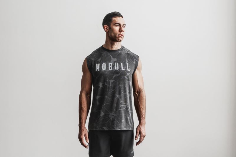 Grey Men's Nobull Sleeveless Hibiscus T-Shirts | DKSZVR-180