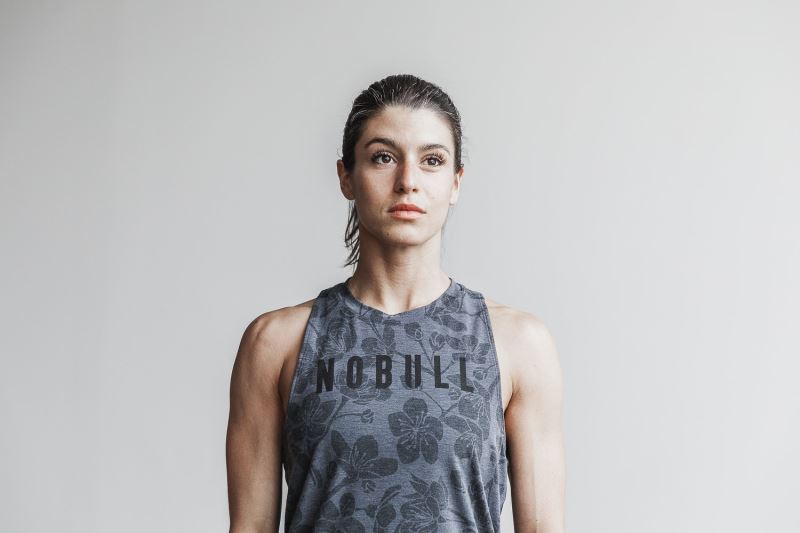 Grey Pink Women's Nobull High-Neck Cherry Blossom Tanks | JYAZXF-932