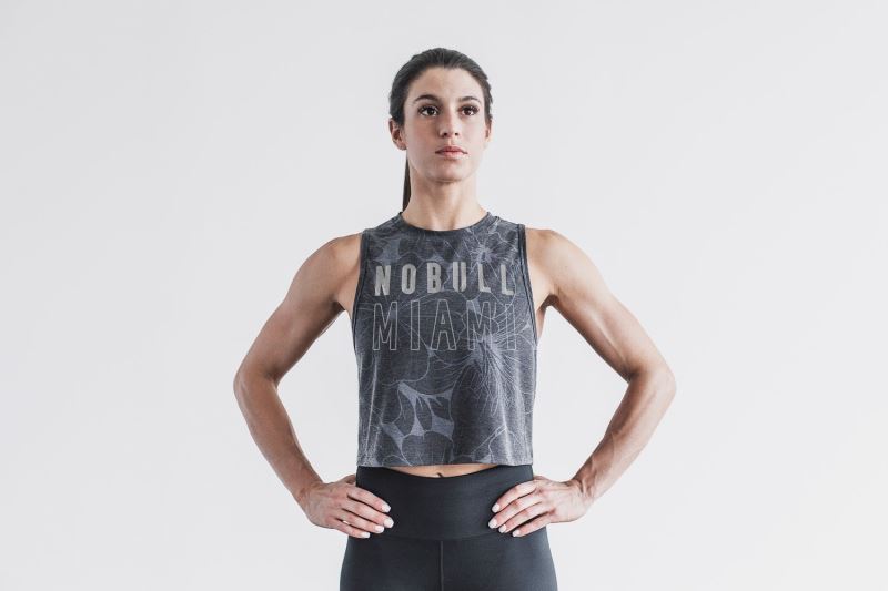 Grey Women's Nobull Muscle Miami Hibiscus Tanks | TICLQG-693