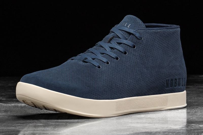 Navy White Men's Nobull Suede Mid Trainers | QBDGNA-270