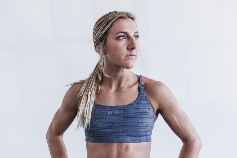 Navy Women's Nobull Heather Stripe Sports Bras | JWGSHN-031