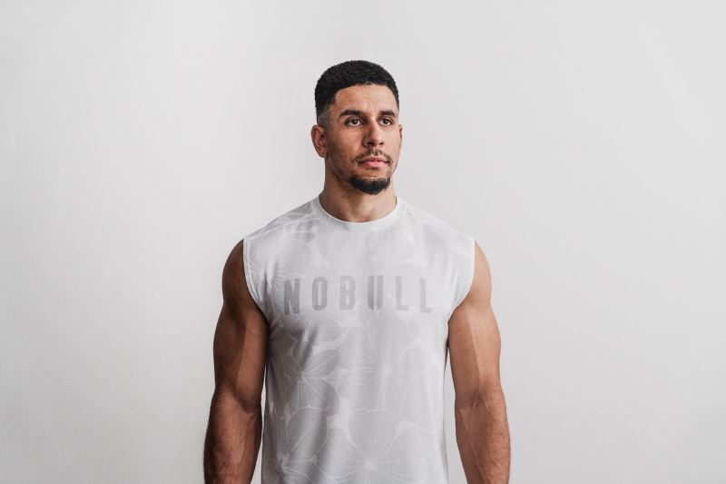 White Men's Nobull Sleeveless Hibiscus T-Shirts | LVCIWO-710