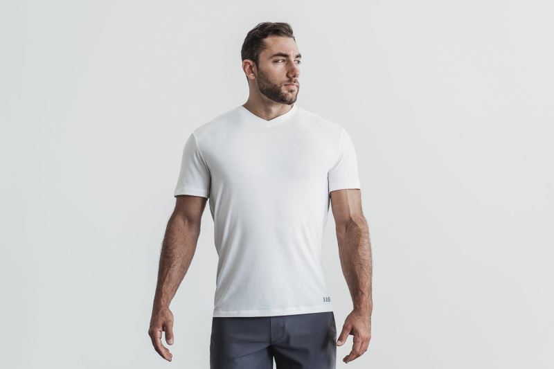 White Men's Nobull V-Neck T-Shirts | QGTJEI-326