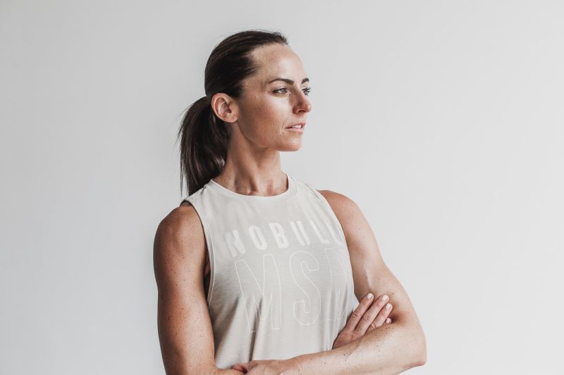 White Women's Nobull Muscle Madison Tanks | VQSXDH-910